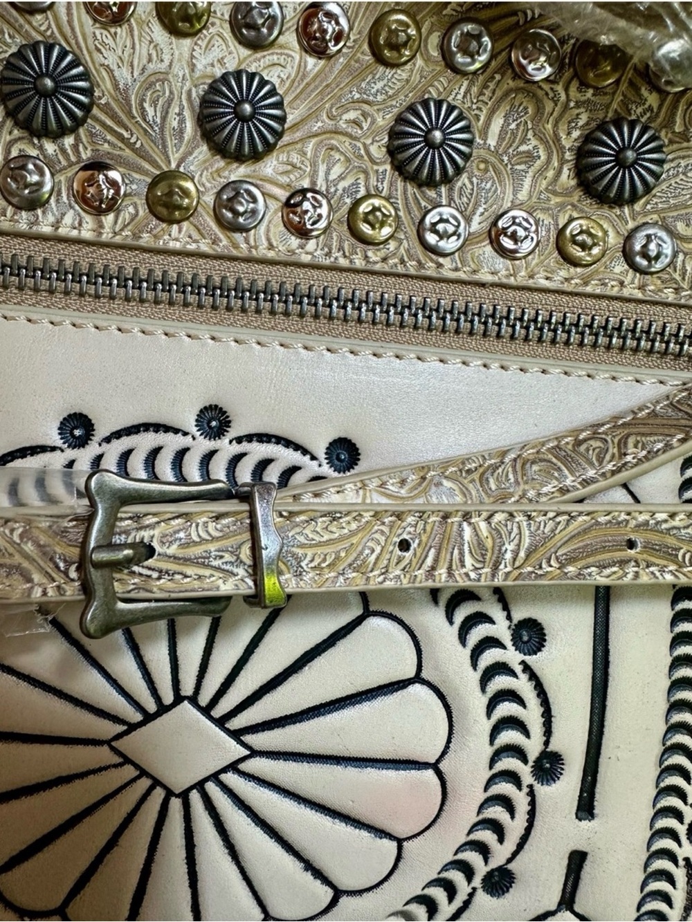 Trinity Ranch Western Boho Embossed Crossbody Bag in Tan with Tri Colored Studs - Picture 7 of 12